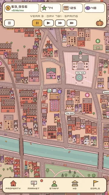 The city map: your buildings light their windows as tenants move in.