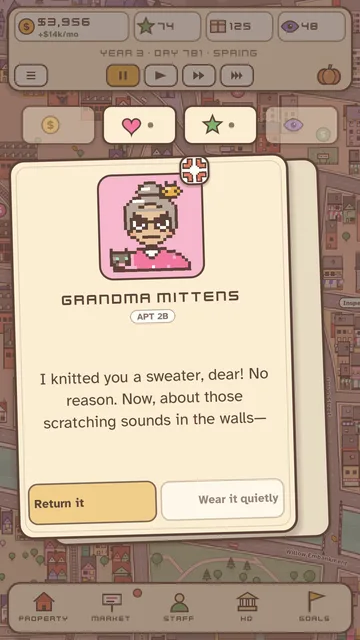 Grandma Mittens knocks with a card: swipe to answer, and the answer lands on 44 Maple.