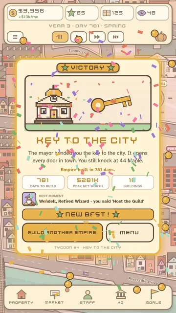 Victory: the mayor hands over the Key to the City, with the empire's days, peak net worth and buildings.