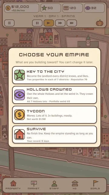 Choose your empire: Key to the City, Hollows Crowned, Tycoon or Survive.